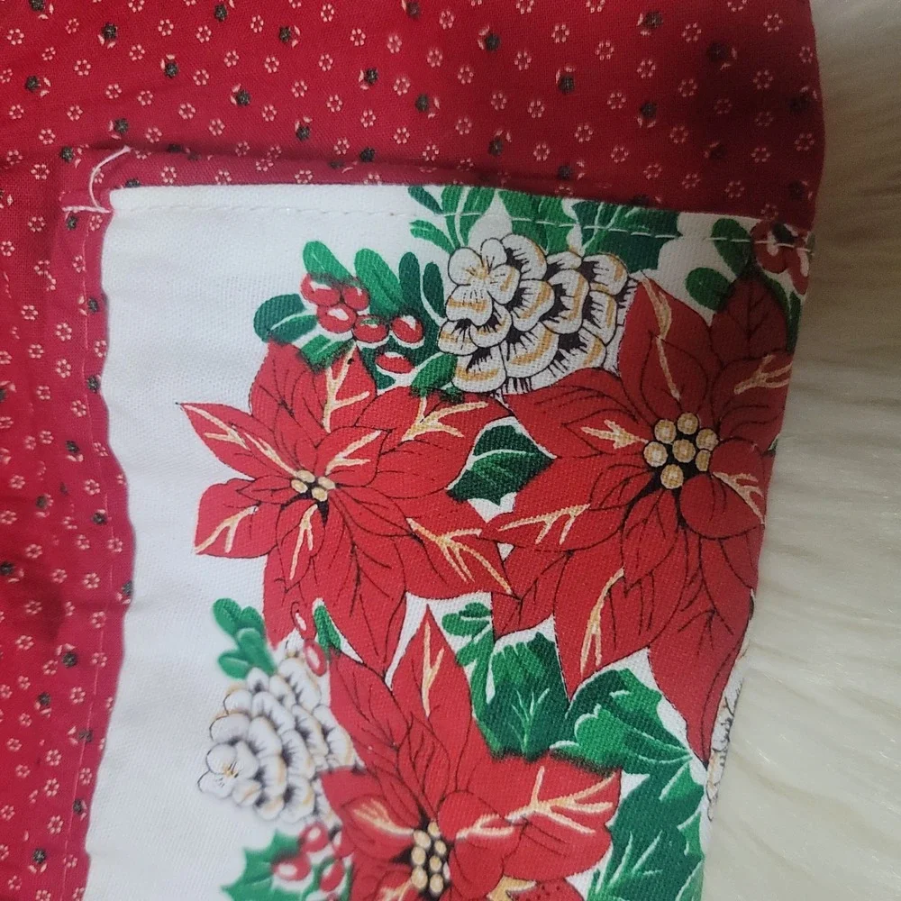 VTG Christmas Half Apron Red Ditsy Floral Poinsettia Graphic Pocket 